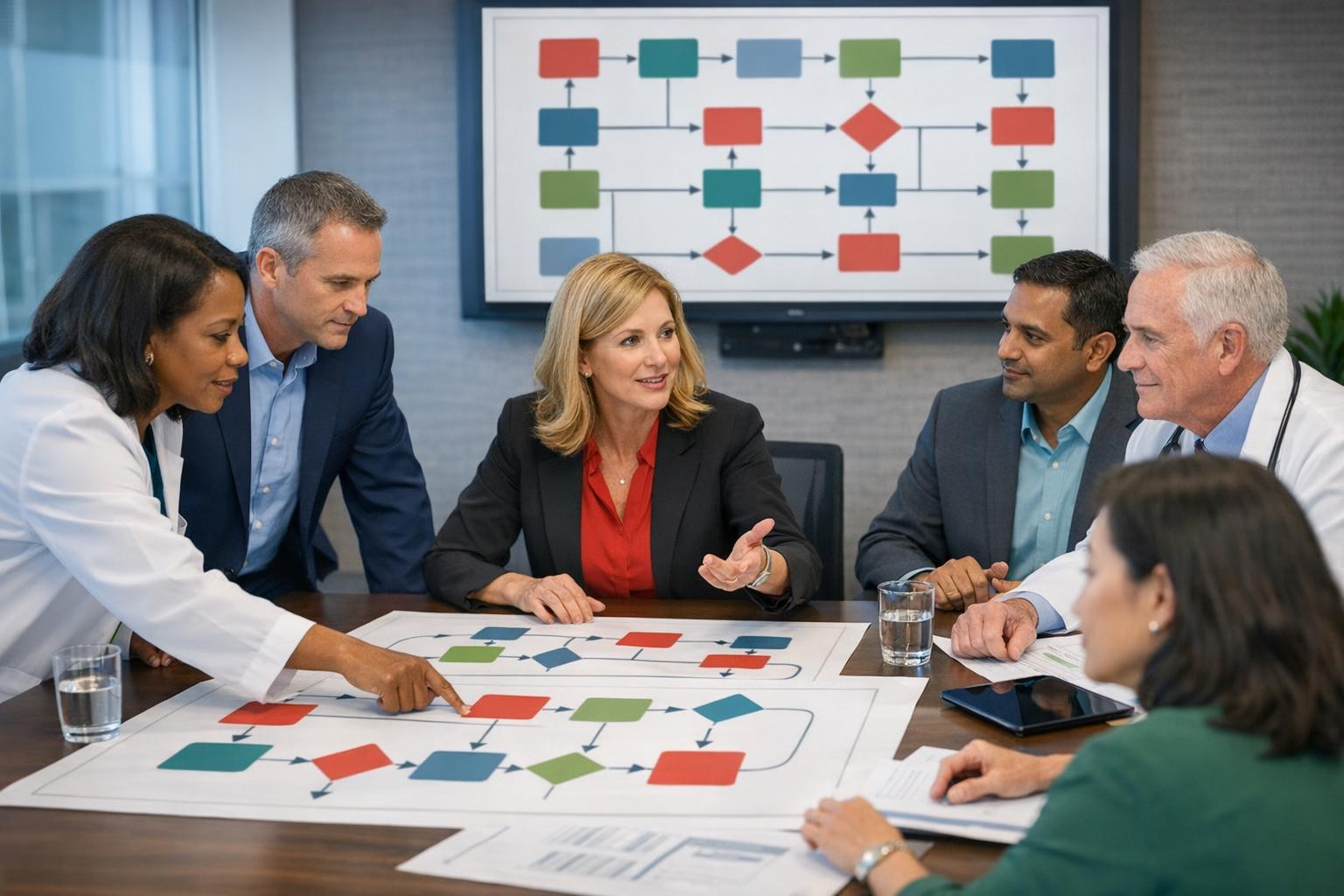 Healthcare operations leaders reviewing hospital and ambulatory performance data during a transformation planning session
